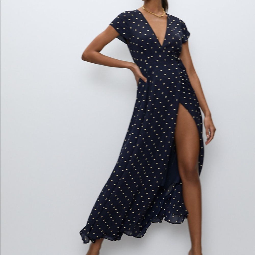 Babaton Aritzia Top/Dress/Shall/Housecoat Long Navy Blue with Poka Dots